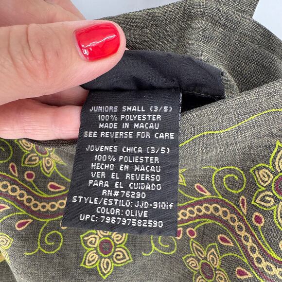 Vintage No Boundaries Olive Green Floral Print Boho Mini Dress Y2K Size Medium - Picture 4 of 7